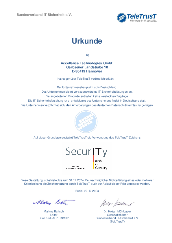 Urkunde zur Verwendung des Vertrauenszeichen „IT Security Made in Germany – ITSMIG“.
