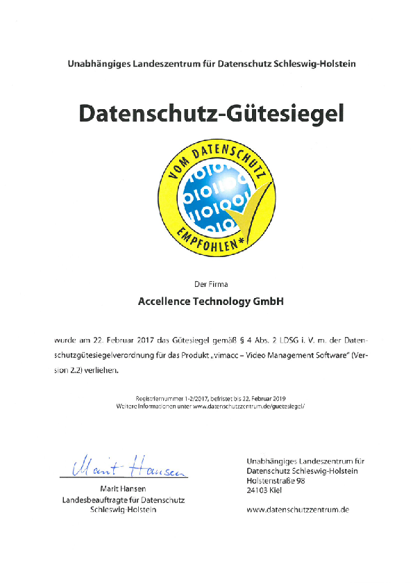 Das Datenschutz-Gütesiegel vergeben vom unabhängigem Landeszentrum für Datenschutz Schleswig-Holstein.