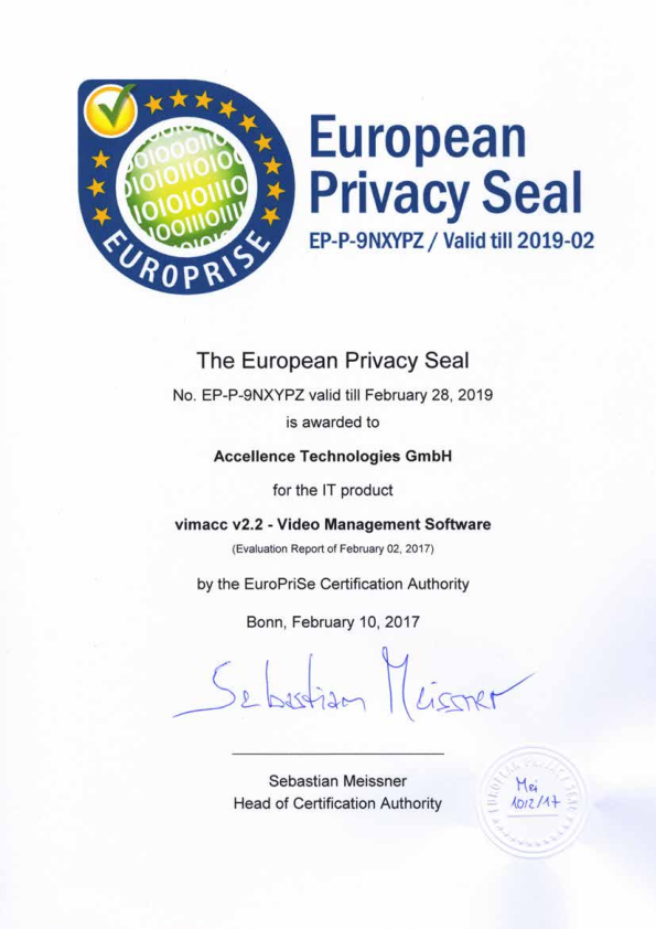 Das European Privacy Seal vergeben für vimacc® 2.2 - Video Management Software von der EuroPriSe Certification Authotity.