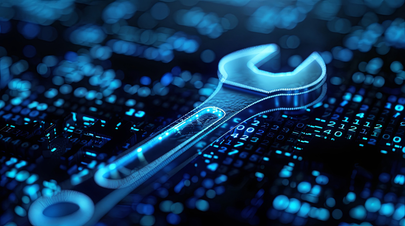 Langfristige Softwarewartung, Updates und technischer Support Ein IT-Support-Mitarbeiter leistet technischen Support und führt System-Updates am Laptop durch.