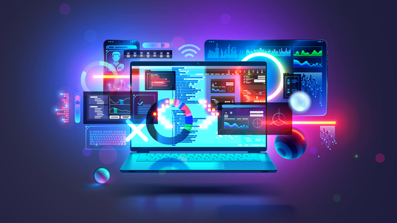 Maßgeschneiderte Softwareentwicklung zur Prozessoptimierung – Accellence Eine Hand bedient ein komplexes, farbiges Daten-Dashboard und UI-Elemente auf einem modernen Tablet-Bildschirm.