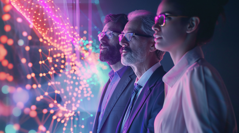 Erfahrene Softwareentwickler und IT-Experten für Ihr Projekt – Accellence Drei Softwareentwickler blicken fokussiert auf eine leuchtende, neonfarbene 3D-Datenvisualisierung und ein digitales Netzwerk.