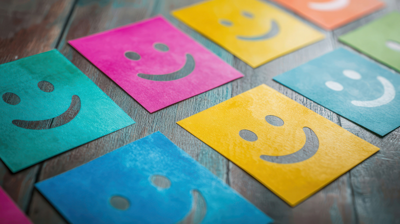 Erfolgreiche IT-Projekte und zufriedene Kunden – Accellence Bunte, quadratische Notizzettel mit ausgestanzten, lachenden Smiley-Gesichtern liegen nebeneinander auf einer Holzoberfläche.