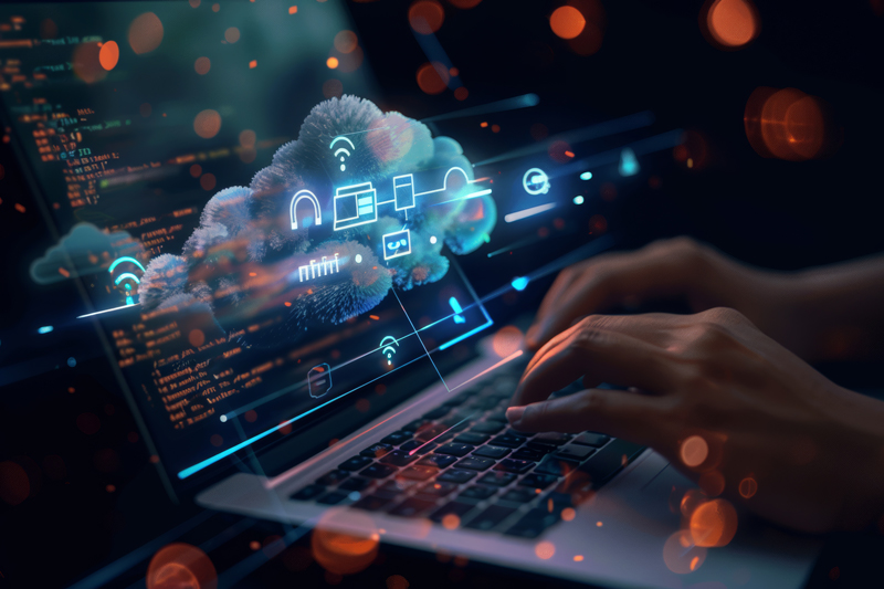 Individuelle Softwareentwicklung | Maßgeschneiderte Lösungen Person tippt auf Laptop mit abstrakten Cloud- und Software-Symbolen, Symbolbild für individuelle Softwareentwicklung.