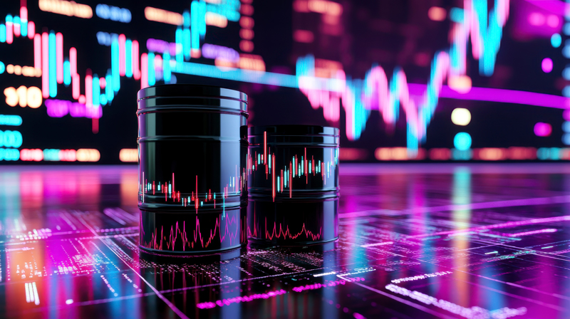 Zukunftsweisende Technologien und moderne IT-Lösungen – Accellence Zwei stilisierte schwarze Speicher-Container (Fässer) auf einer reflektierenden Platine vor einem neonfarbenen digitalen Hintergrund mit leuchtenden Candlestick- und Daten-Charts.