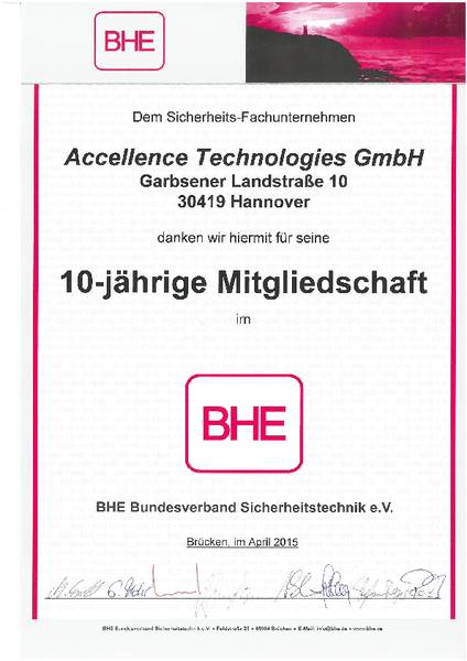 Zertifikat für 10 jährige Mitgliedschaft im BHE (Bundesverband Sicherheitstechnik e. V.).